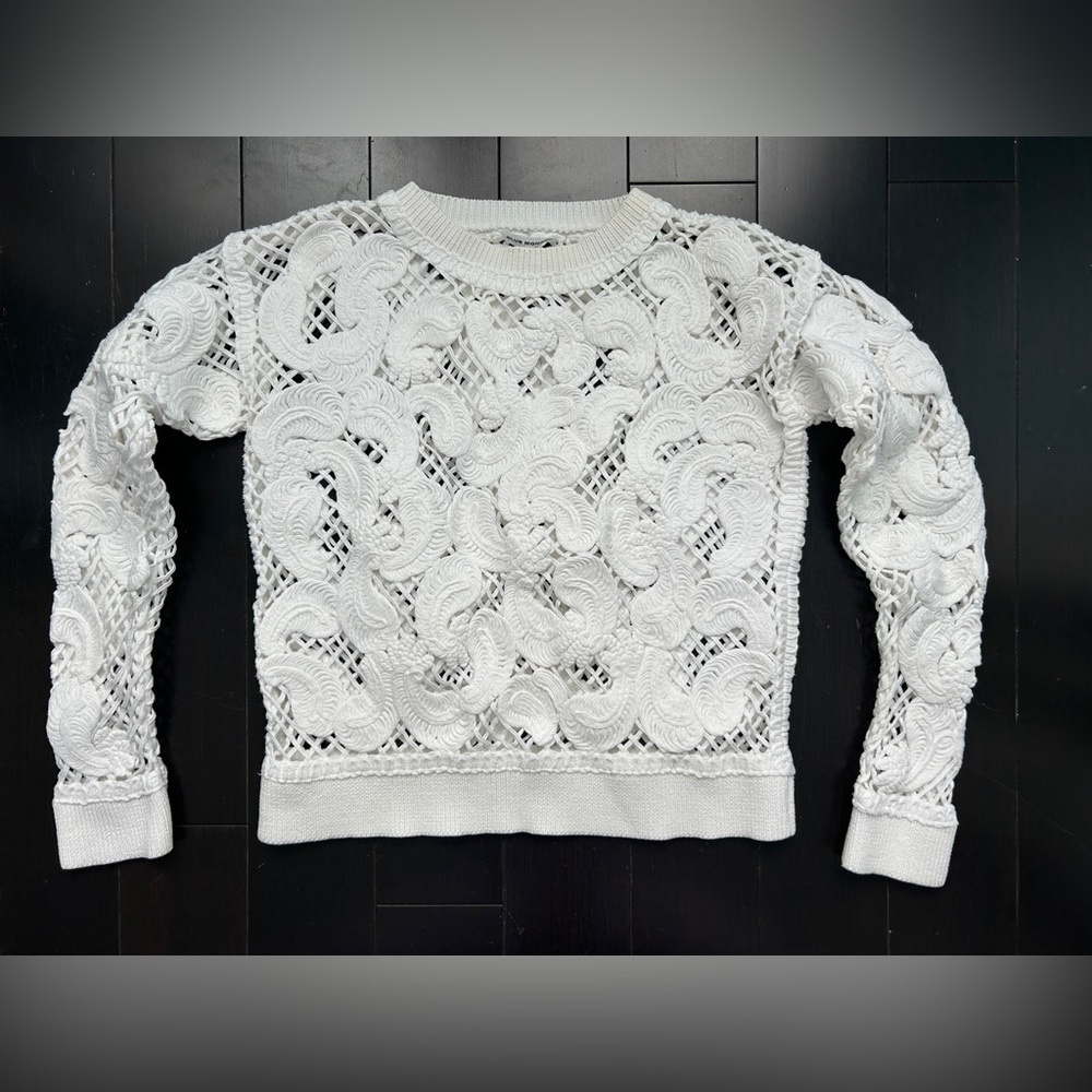 Club Monaco White Lace Knit Crew Neck Sweater
